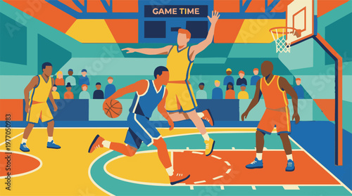 Dynamic basketball game in a vibrant arena with players and spectators