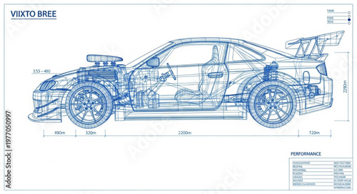 Blueprint of a Sports Car with Detailed Specifications.