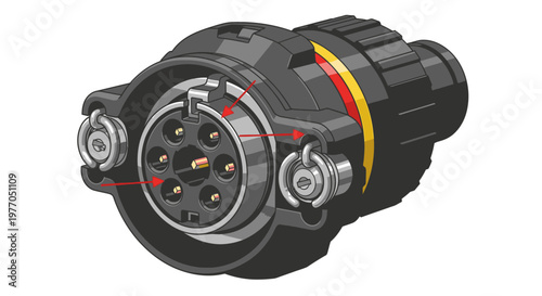 Detailed illustration of a multi-pin industrial electrical connector with 7 pins and secure locking mechanism for power and signal