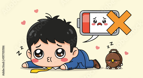Exhausted businessman lying on the floor with a low battery symbol and a crossed out sign indicating no energy