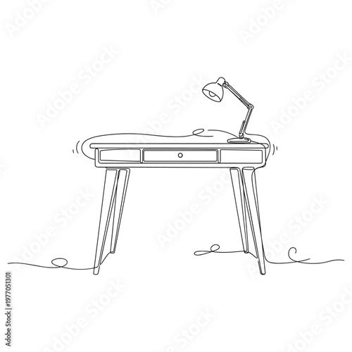Minimalist line drawing of a desk with lamp on white background. Non editable stroke