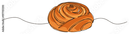 Single continuous line drawing of a sweet cinnamon roll bun Bakery pastry and dessert concept Minimalist vector illustration
