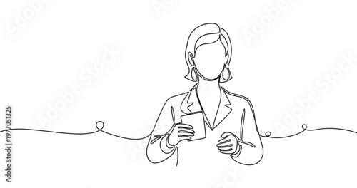 Caucasian female adult presenter in business attire holding cards. Non editable stroke