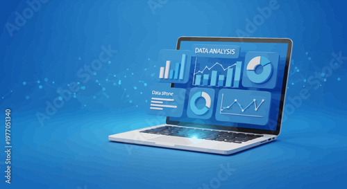 Laptop displaying data analysis charts and graphs on a futuristic blue topographic background