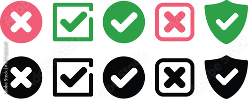 Check mark icon set, flat vector collection of yes no checkbox icons with green tick marks and red cross symbols for approval rejection and UI design.