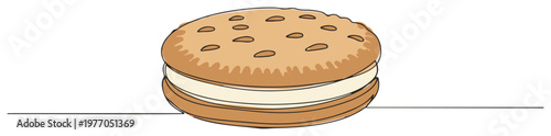 Single continuous line drawing of a delicious sandwich cookie with cream filling Sweet dessert and snack concept Minimalist vector illustration