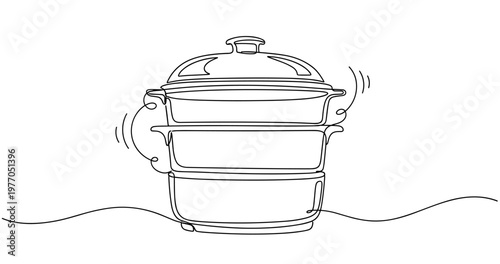 Continuous line drawing of a steaming cooking pot with two tiers and lid. Non editable stroke