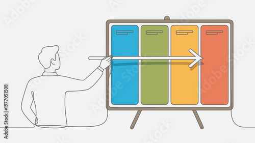 A man presenting a colorful business plan on a large board with four sections