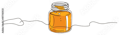 Glass jar of honey. Continuous one line drawing with color vector illustration.