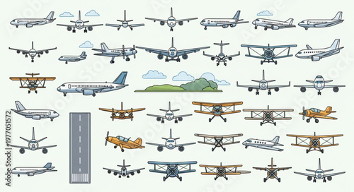 Collection of various aircraft types and a runway illustration.