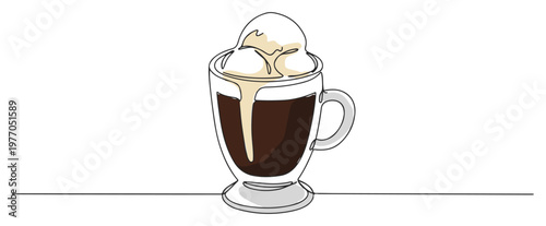 Single continuous line drawing of an affogato coffee with a scoop of vanilla ice cream Cafe menu and dessert concept Minimalist vector illustration