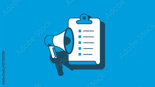 A graphic illustration of a hand holding a megaphone next to a clipboard with a checklist on a blue background.