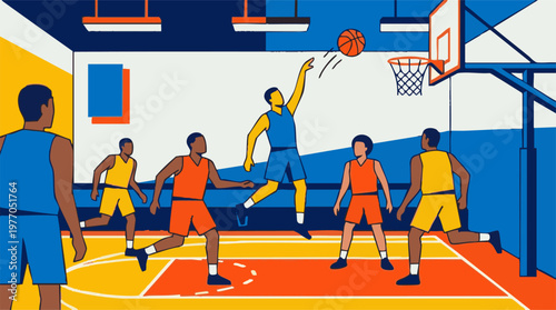 Minimalist illustration of basketball players competing on a court, one shooting