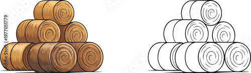Hay bales illustration & outline set isolated on transparent background