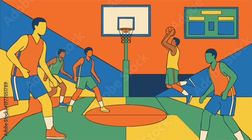 Colorful geometric illustration of basketball players on a court