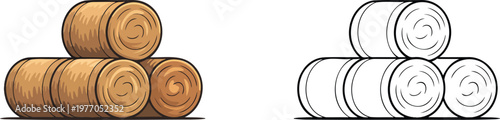 Hay bales illustration & outline set isolated on transparent background