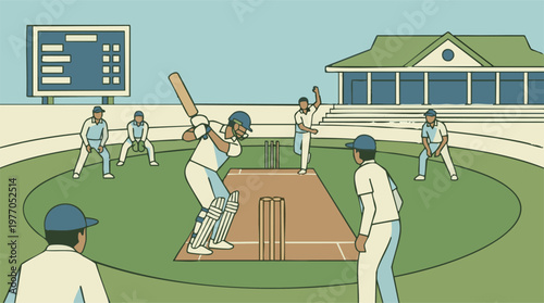 Illustrated cricket match with batsman, bowler, and fielders on the pitch