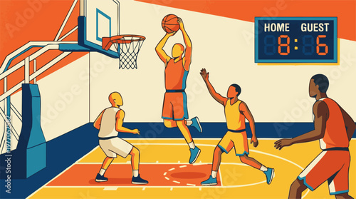 Vibrant illustration of a basketball game in progress with scoreboard