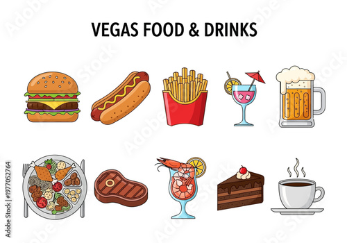 Illustration featuring a variety of popular food and drink items, including a burger, fries, and beer, representing the vibrant culinary scene