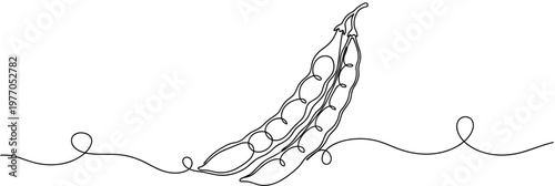 Pea pod lying on continuous looping line across white background, none editable strokes