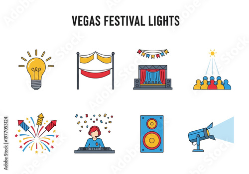 Set of festive Vegas festival lights icons and symbols for celebrations and events