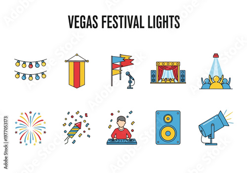 Collection of colorful icons representing elements of a festival, including lights, banners, stage, fireworks, and audio equipment