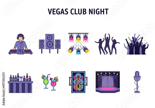 Vegas Club Night Icons Dj, Speakers, Lights, Dancers, Bar, Drinks, Stage, And Microphone
