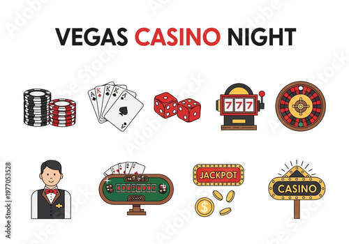 Vegas Casino Night Icons A Collection of Gambling and Entertainment Symbols
