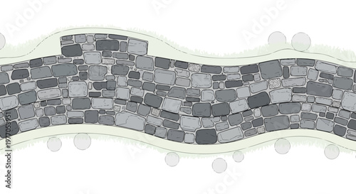 Wavy stone wall texture with green border and circles