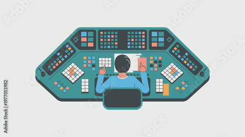 A cartoon man sitting at a large control panel with many buttons and screens in a modern control room