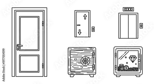Collection of Security and Access Icons: Door, Elevator, Safes with Treasure
