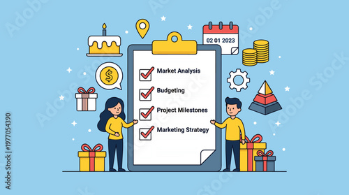 Business planning checklist concept with team reviewing market analysis budgeting milestones and strategy tasks for successful project management illustration.eps