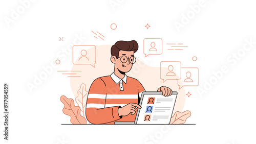 Young caucasian male analyzing social profiles on laptop