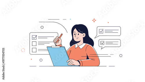 Young asian female completing checklist with enthusiasm and focus