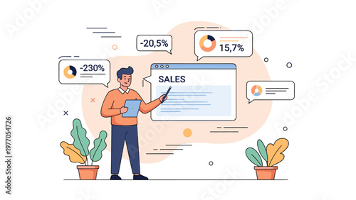 Young caucasian male analyzing sales data with digital charts and analytics