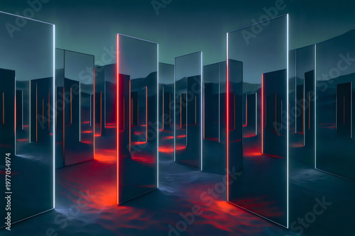 Futuristic neon lit mirror labyrinth creating abstract reflections