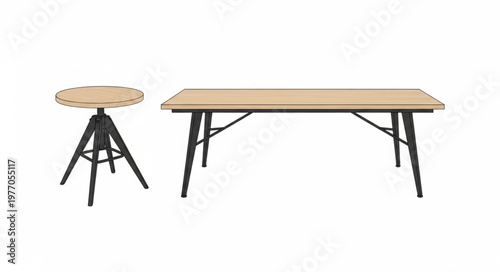 Industrial style wooden bench and stool on white background.