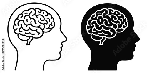 Head With Brain Symbol Icon, Side View Outline And Silhouette, Mind And Brain Illustration, Cognitive Function Graphics, Knowledge Concept Icons, Psychology Symbols