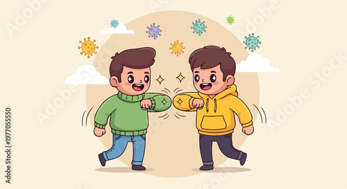 Two happy cartoon boys giving each other a friendly elbow bump greeting with sparkles and clouds in the background