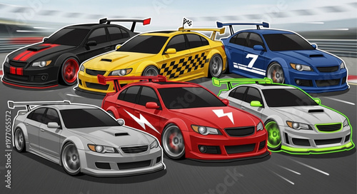Group of Modified Sports Cars on a Racetrack.