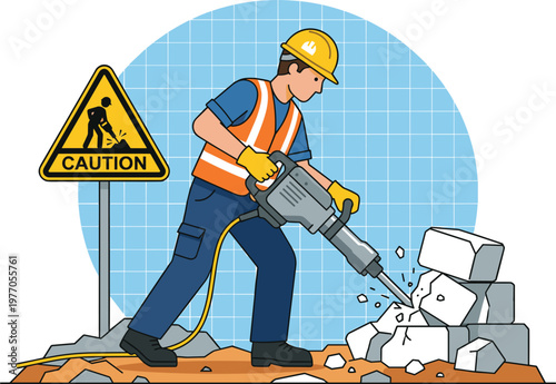 Construction worker using jackhammer breaking concrete with caution sign representing demolition work safety procedures and heavy duty equipment illustration.eps
