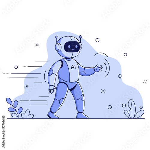 Smiling ai robot character walking in a minimalist blue themed background