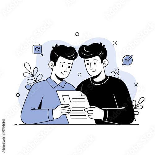 Two young caucasian males collaborating on a document with laptops and decorative elements