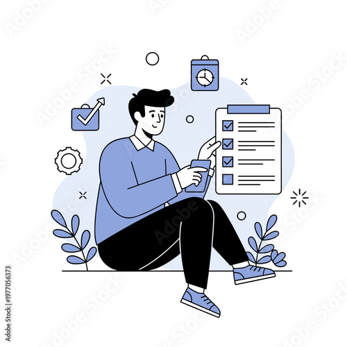 Young caucasian male planning tasks with checklist and icons