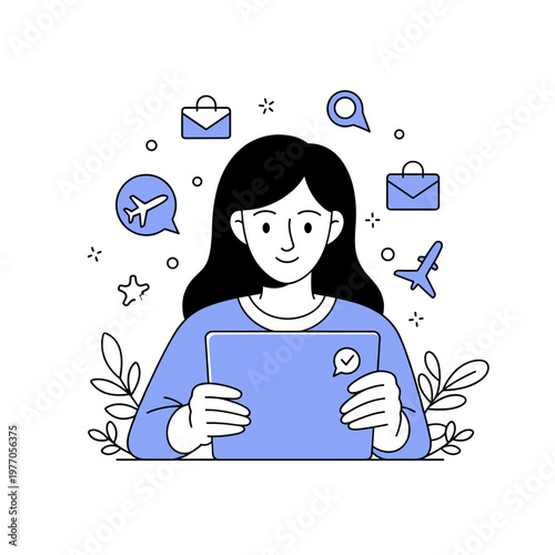 Asian female adult exploring travel destinations with tablet and icons