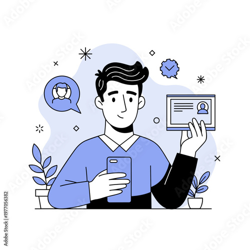Young caucasian male adult holding id card and smartphone illustration