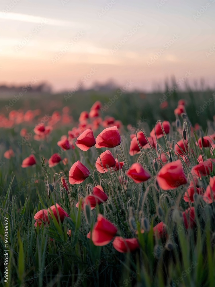 Fototapeta premium Flower Field Poppy Nature Spring Tulip Red Summer Flowers Meadow Garden Plant Blossom Tulips Bloom Beauty Grass Petal Poppies Beautiful