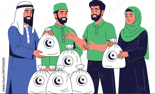 a group of people holding bags with a crescent moon and star