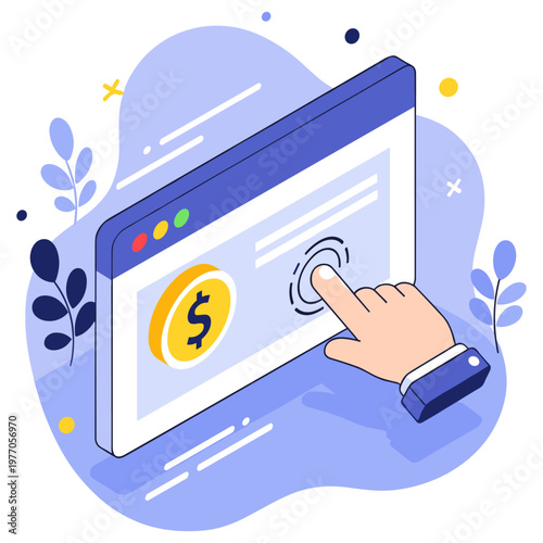 Online payment illustration: hand clicking pay button on virtual screen