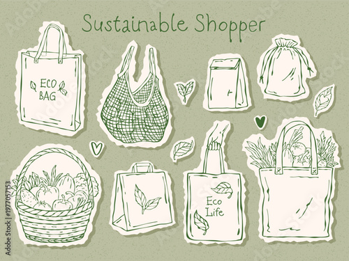 Eco shopping set in paper cut collage style. Includes reusable bags, paper bags, net totes, and a veggie basket. Perfect for zero waste and green lifestyle themes